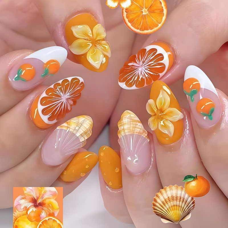 Nail Art Orange - 2026 جديد 30 قطعة أظافر صناعية