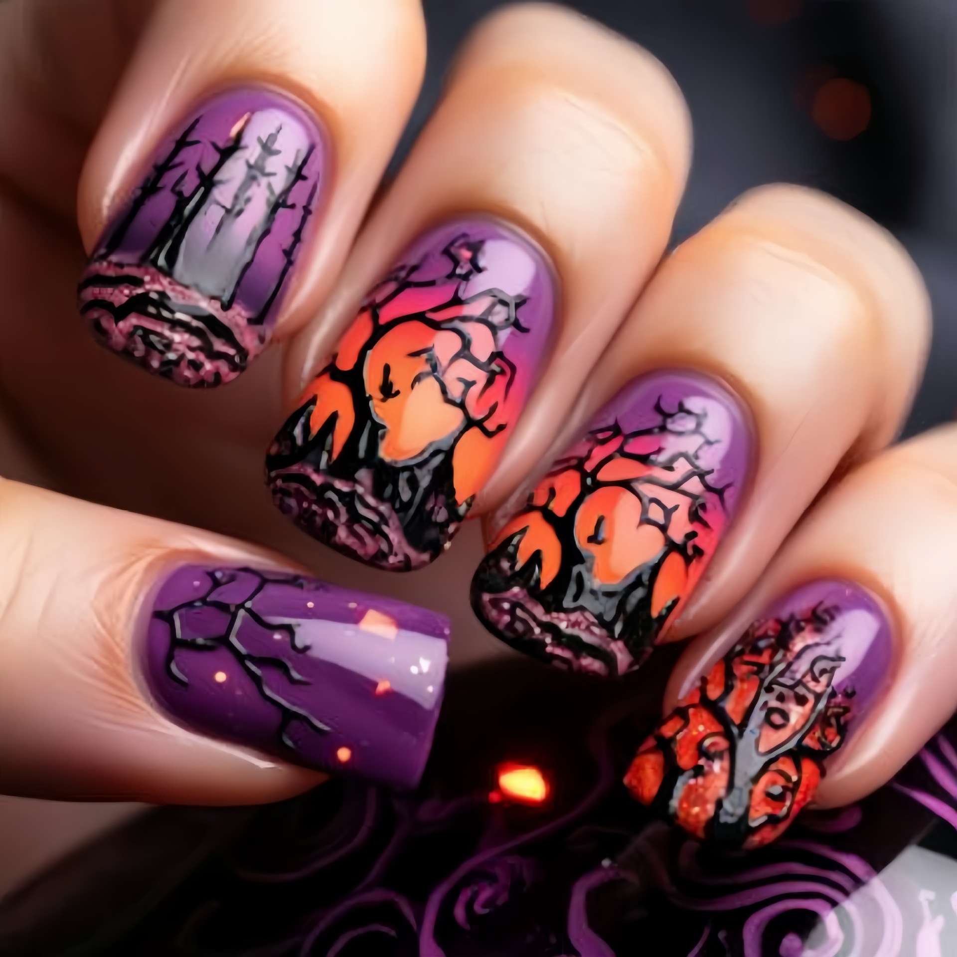 Nail Art Orange - أظافر صناعية مربعة متوسطة الحجم للنساء